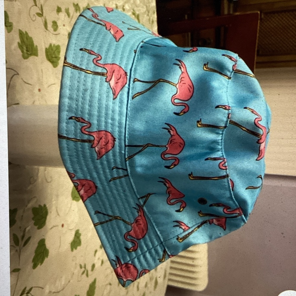 Blue Bucket Hat with Pink Flamingo Print